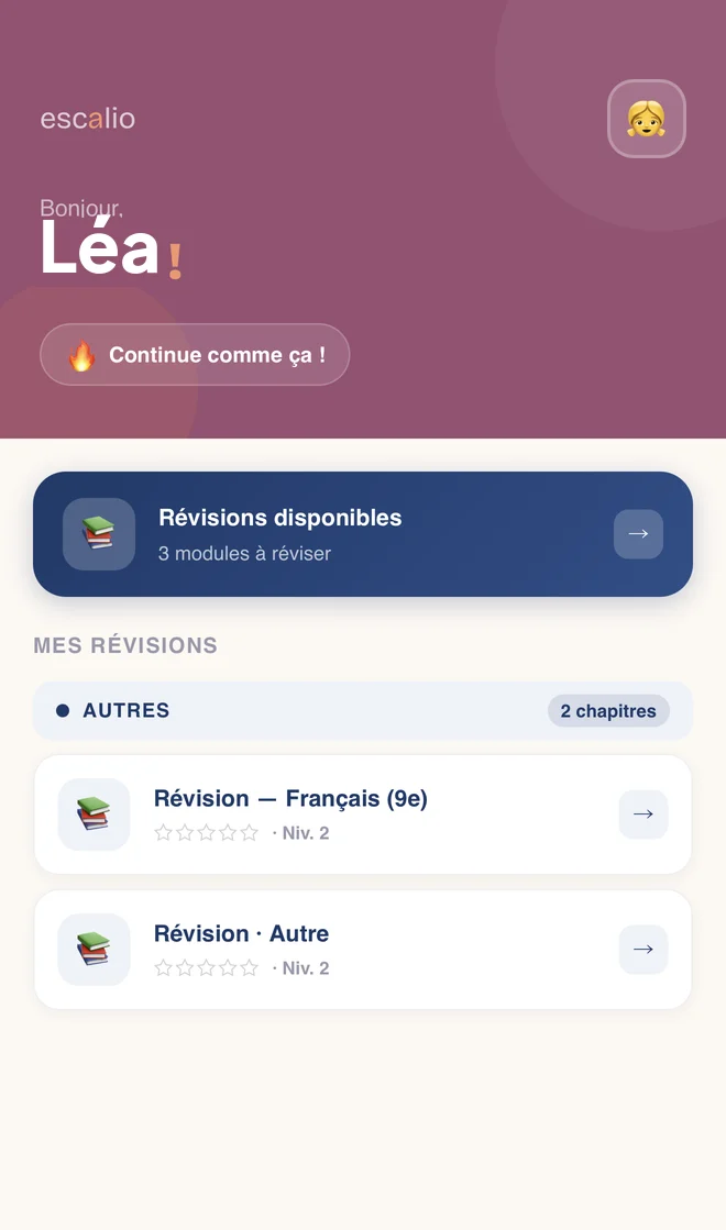 L'espace de l'enfant dans Escalio : ses révisions disponibles, prêtes à démarrer