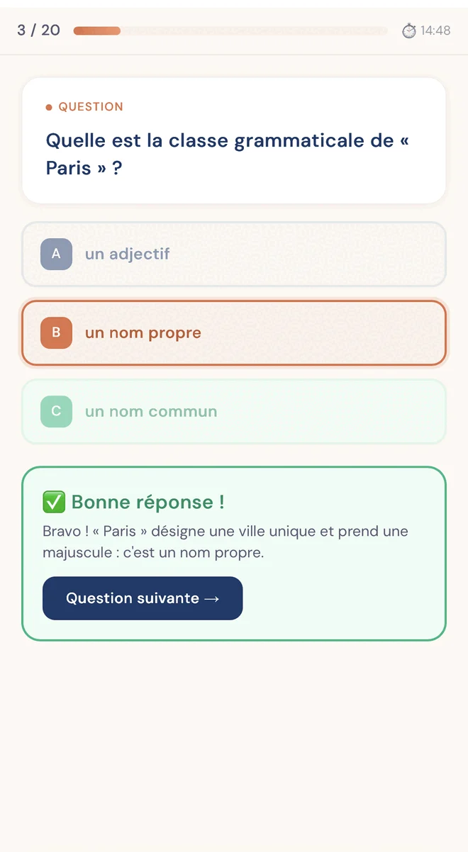 Un exercice de français dans Escalio : une question à la fois, avec la correction expliquée en direct